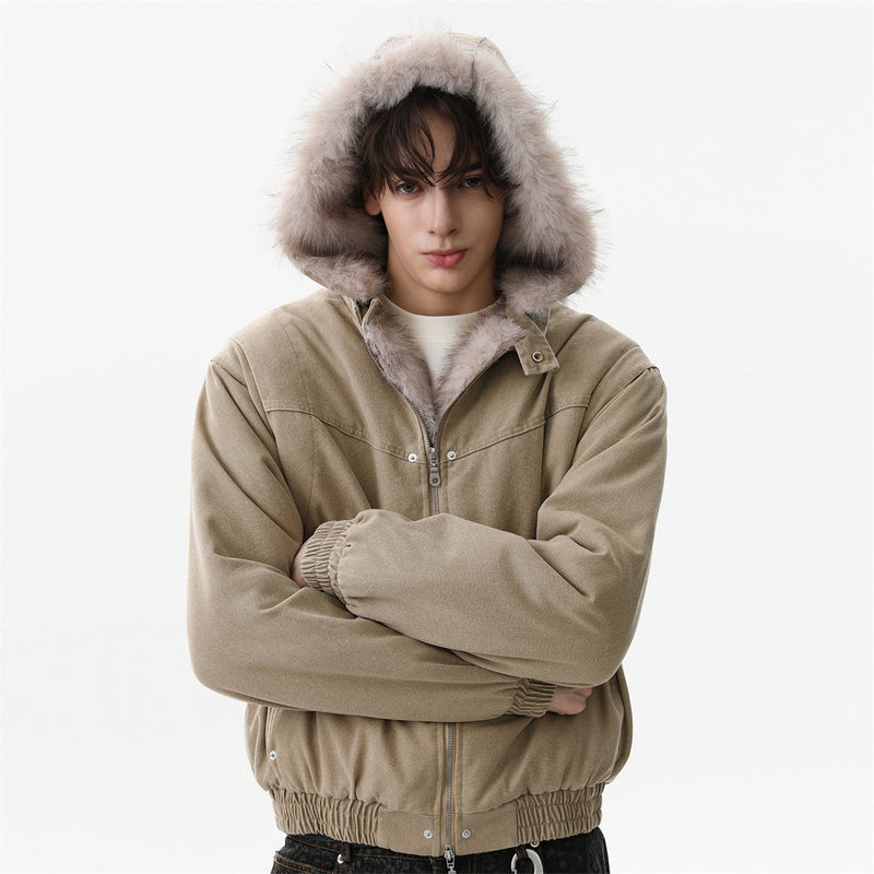 Faux Mink Fur-Trimmed Hooded Padded Jacket – Washed Canvas Bomber