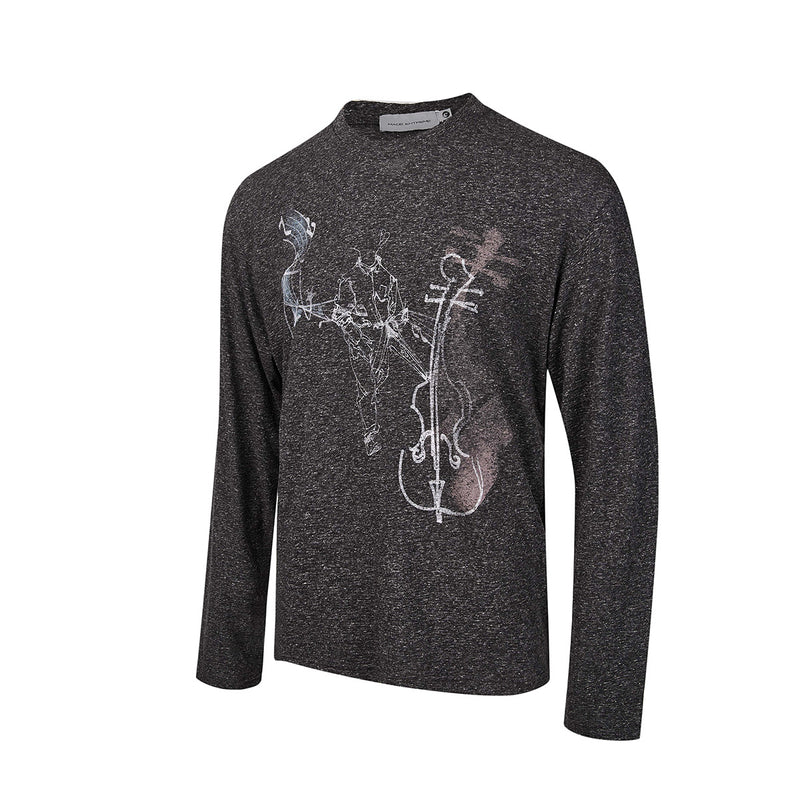 Long Sleeve Graphic Shirt – Cello Musician Sketch Print, Relaxed Fit