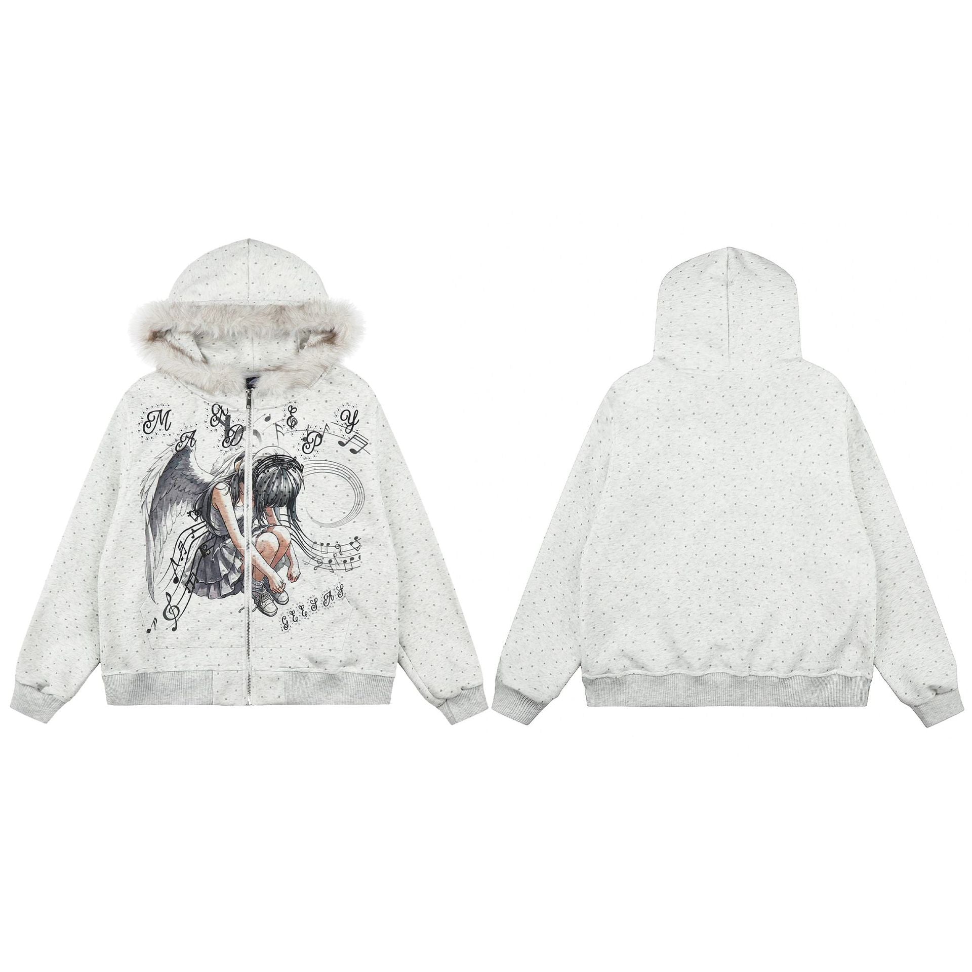 Sweat à capuche zippé avec bordure en fausse fourrure, ange anime et notes de musique