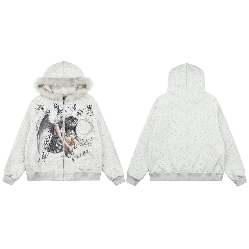 Sweat à capuche zippé avec bordure en fausse fourrure, ange anime et notes de musique