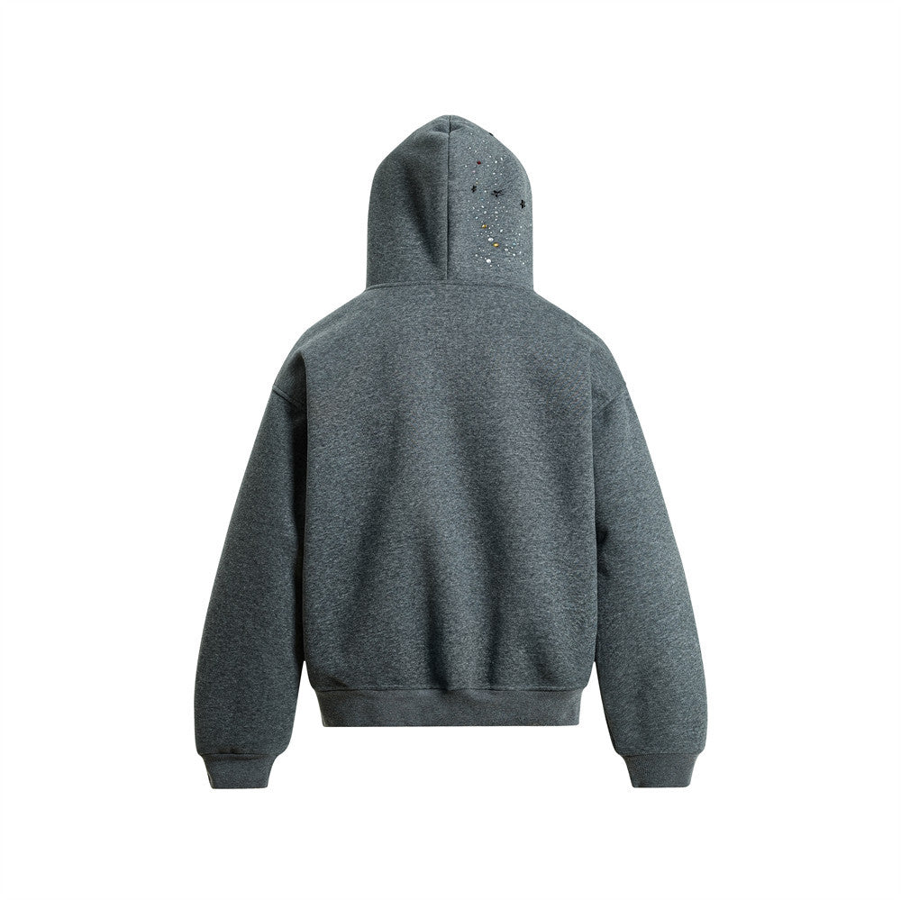 Herren-Zip-Hoodie aus Oversized-Fleece mit Strasssteinen und Galaxie-Sternen