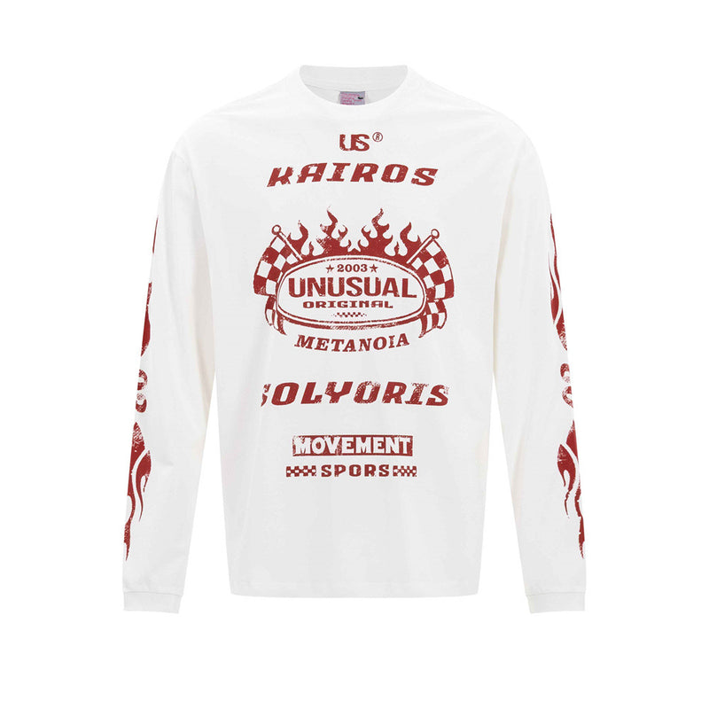 Kairos Unusual Original Graphic Long Sleeve Tee – Relaxed Fit Racing Print