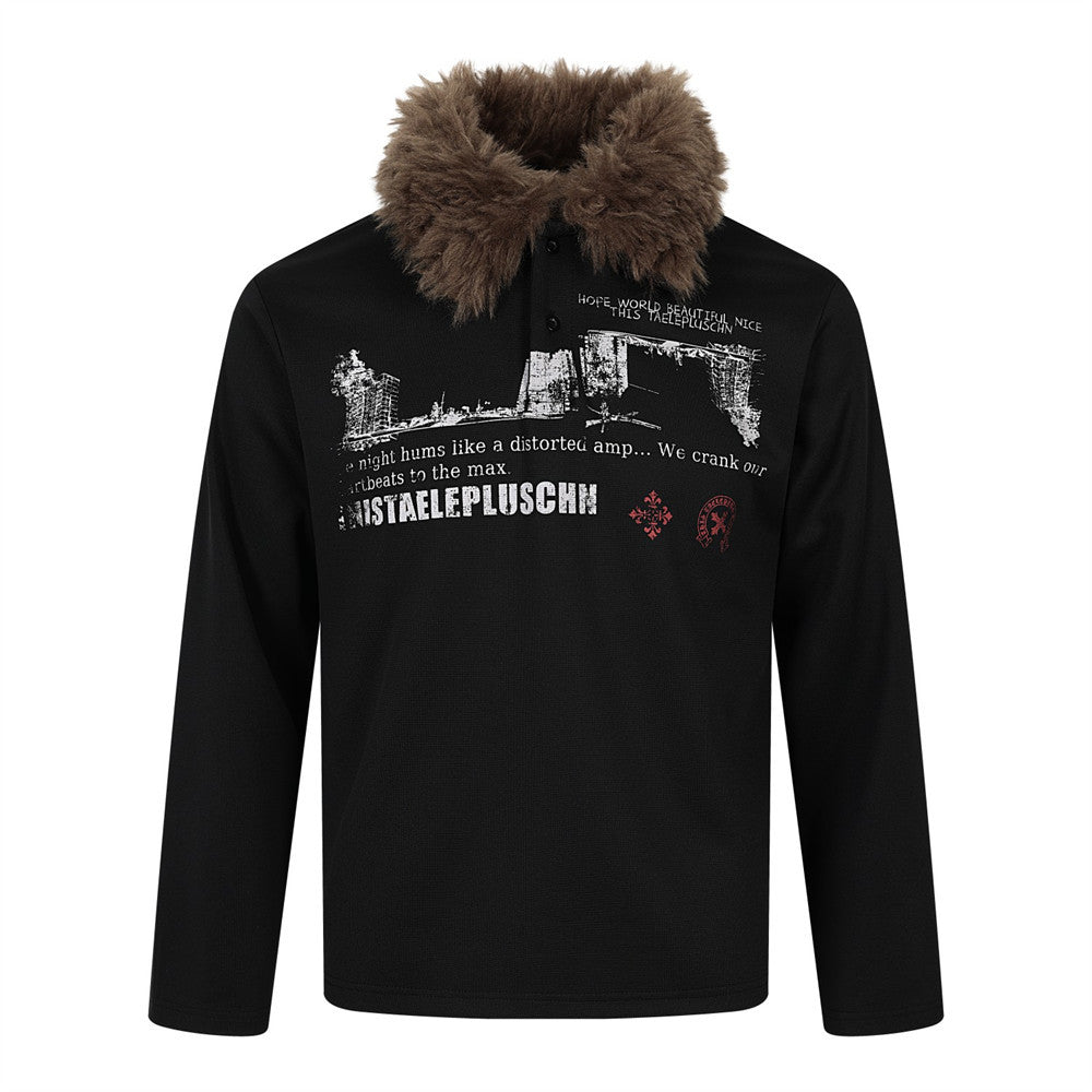 Men's black oversized long-sleeve polo shirt with brown faux-fur collar and distressed graphic print on chest and back