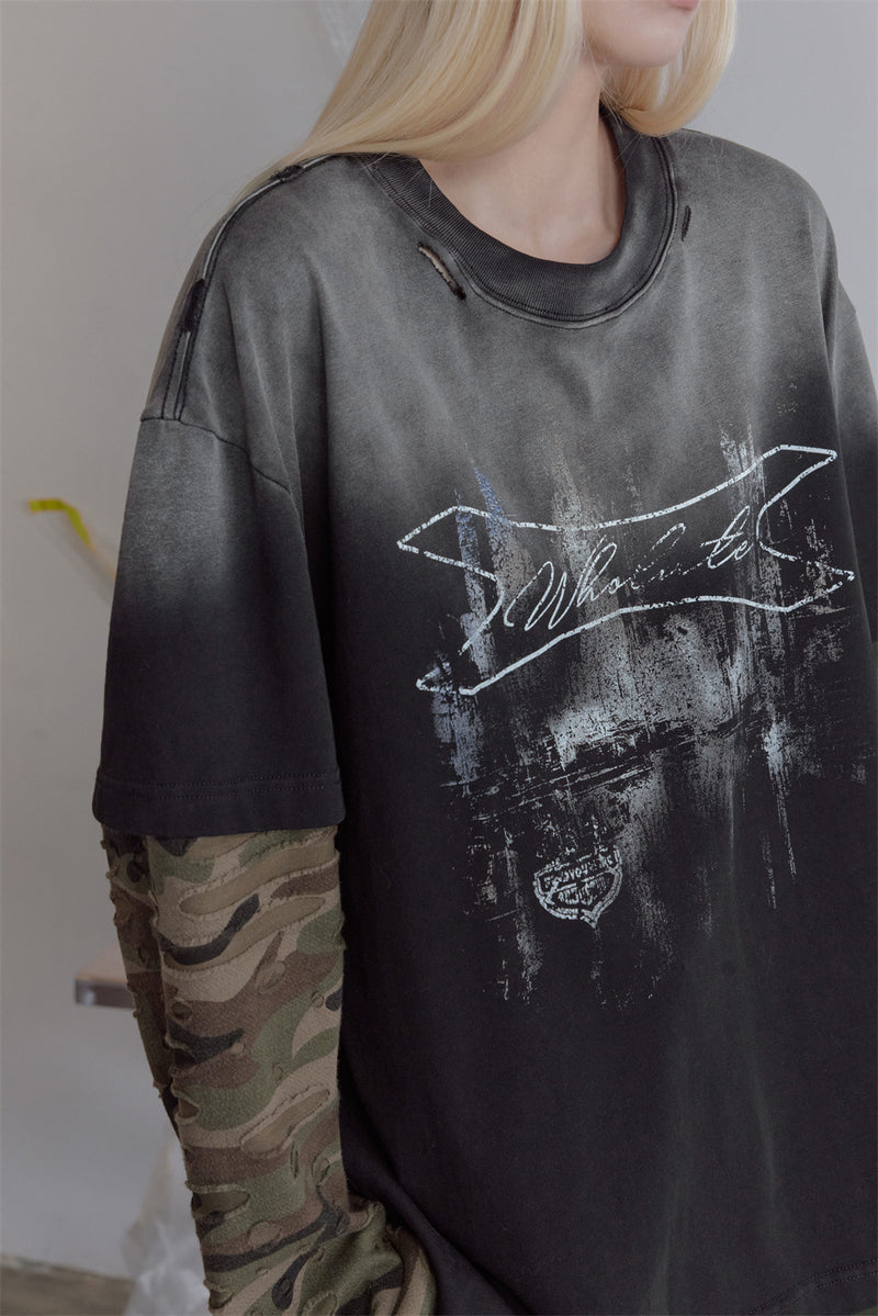 Oversized Faux-Layer Long Sleeve Tee with Camo Splice & Distressed Washed Print
