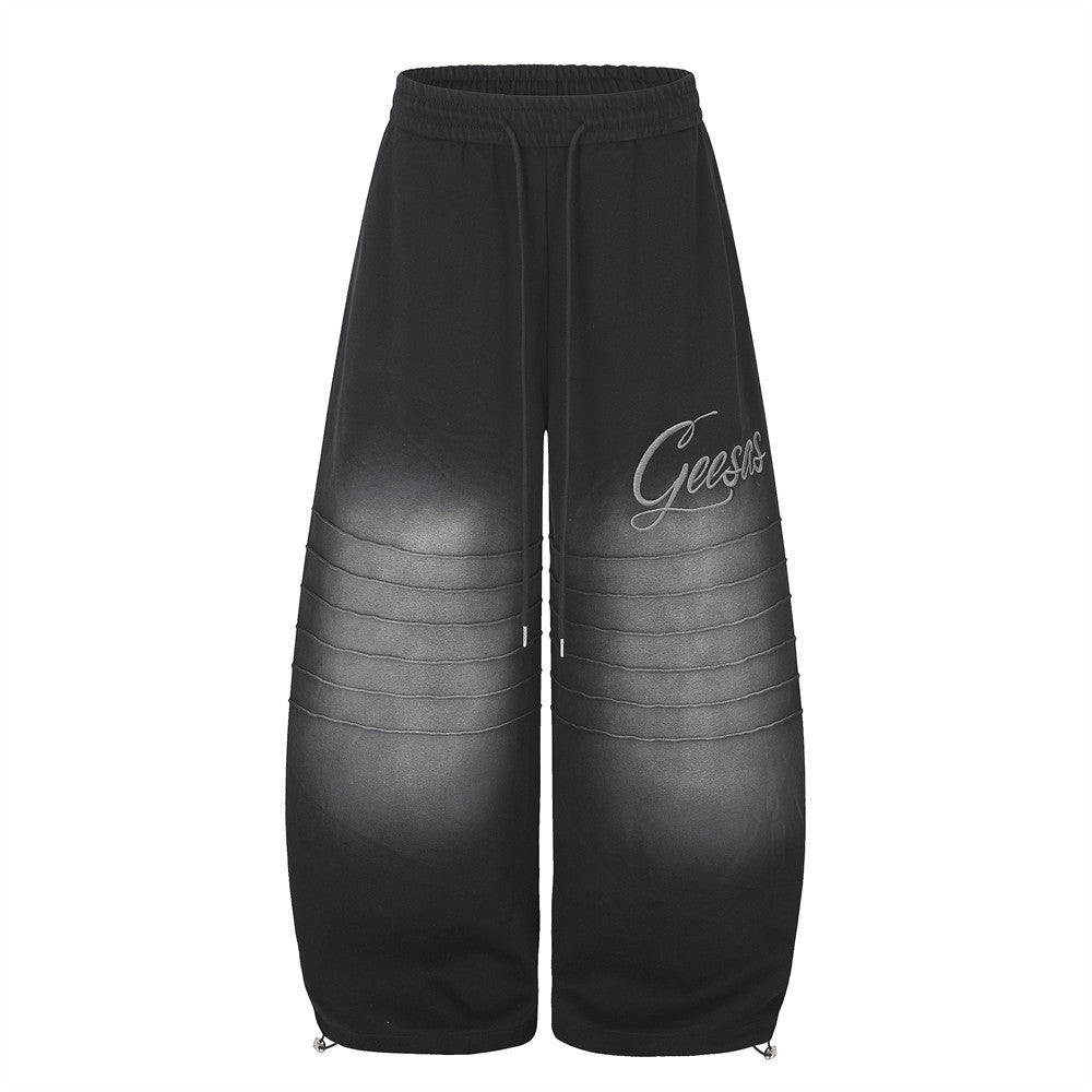 Wide-Leg Sweatpants with Gradient Wash, Letter Embroidery & Pintuck Detail