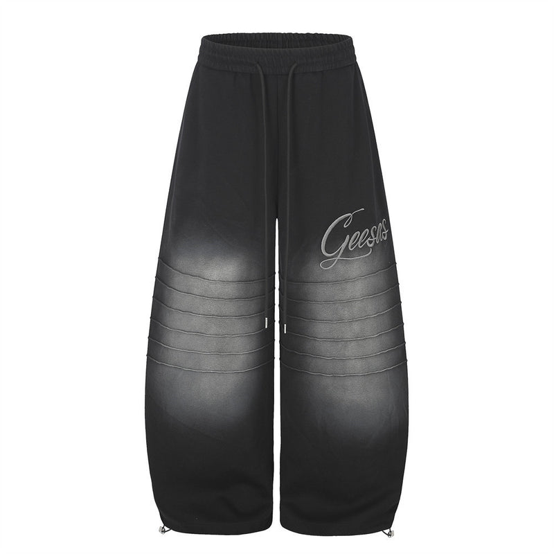Wide-Leg Sweatpants with Gradient Wash, Letter Embroidery & Pintuck Detail