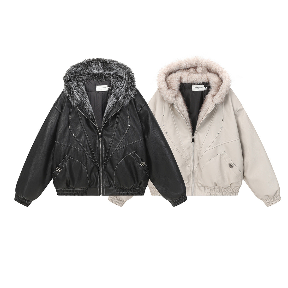 Faux Leather Hooded Bomber Jacket with Faux Fur Collar & Padded Lining
