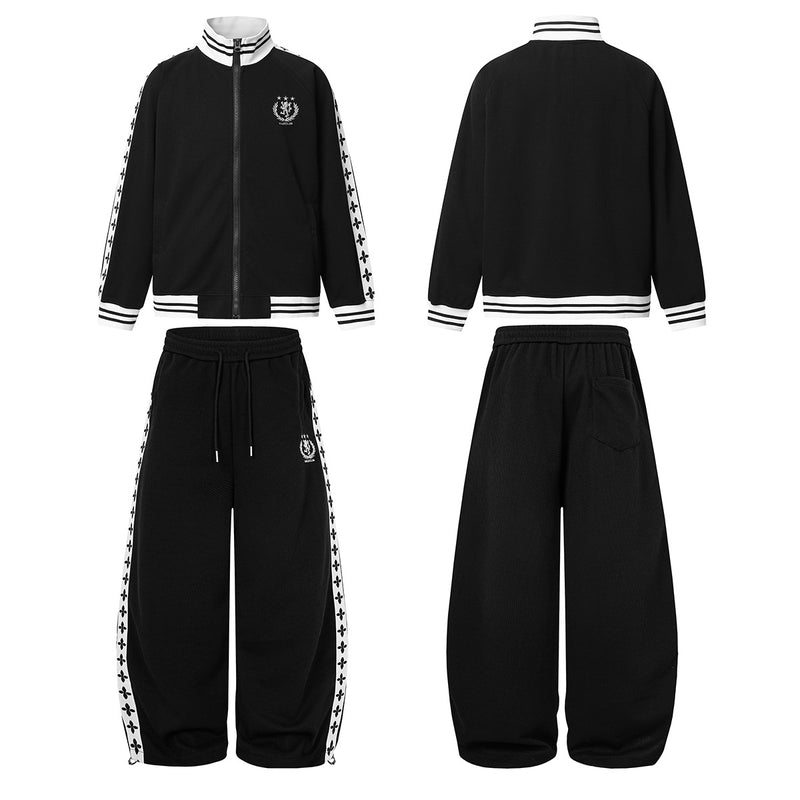Retro-Trainingsjacken- & Sweathosen-Set – Stehkragen mit Reißverschluss und Fleur-de-Lis-Seitenstreifen