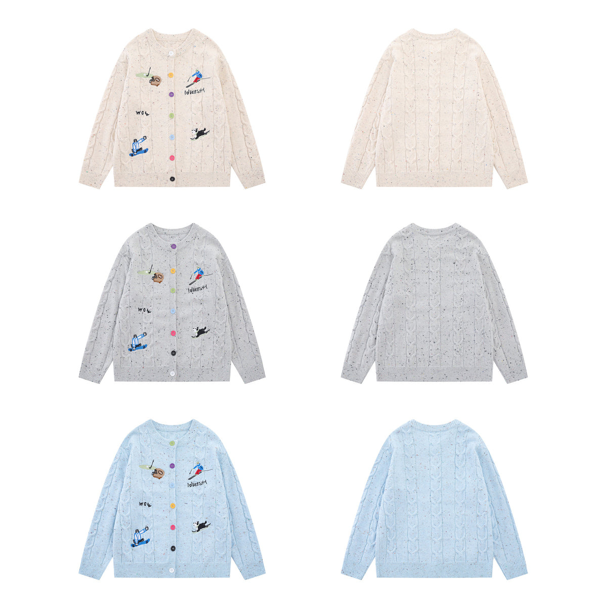 Cable Knit Cardigan Sweater with Cartoon Sport Embroidery & Colorful Buttons
