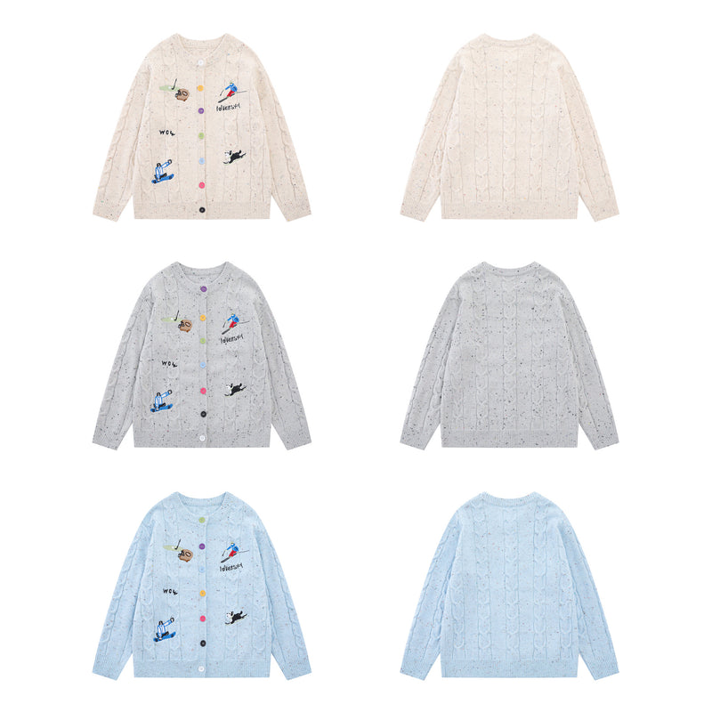 Cable Knit Cardigan Sweater with Cartoon Sport Embroidery & Colorful Buttons