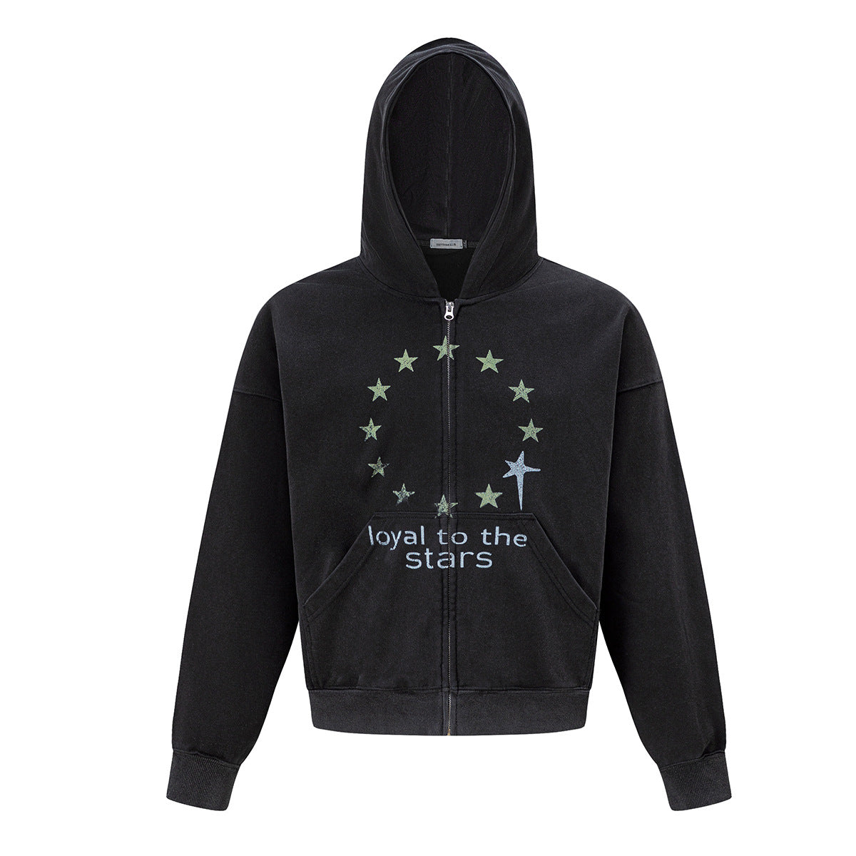 Sweat à capuche zippé noir délavé, imprimé cercle et étoile effet usé avec inscription loyal to the stars sur la poitrine