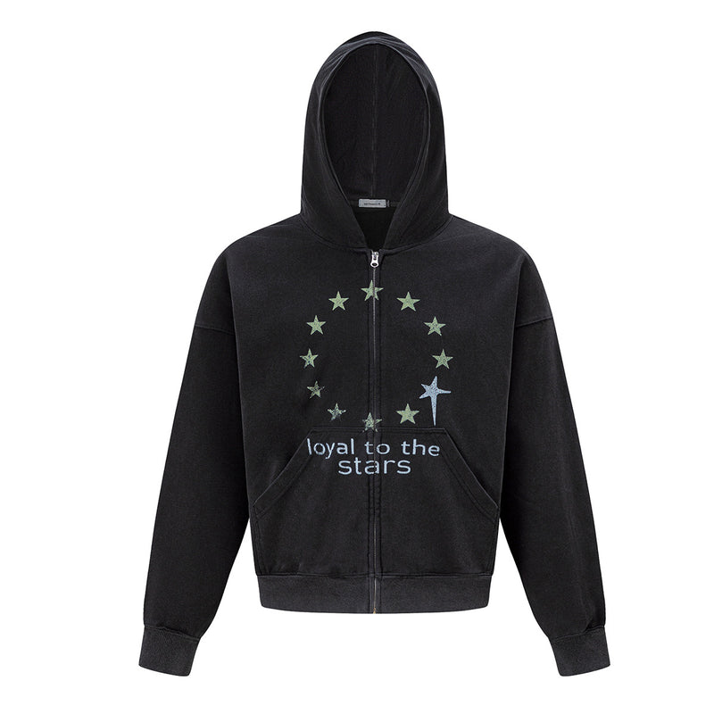 Sweat à capuche zippé noir délavé, imprimé cercle et étoile effet usé avec inscription loyal to the stars sur la poitrine