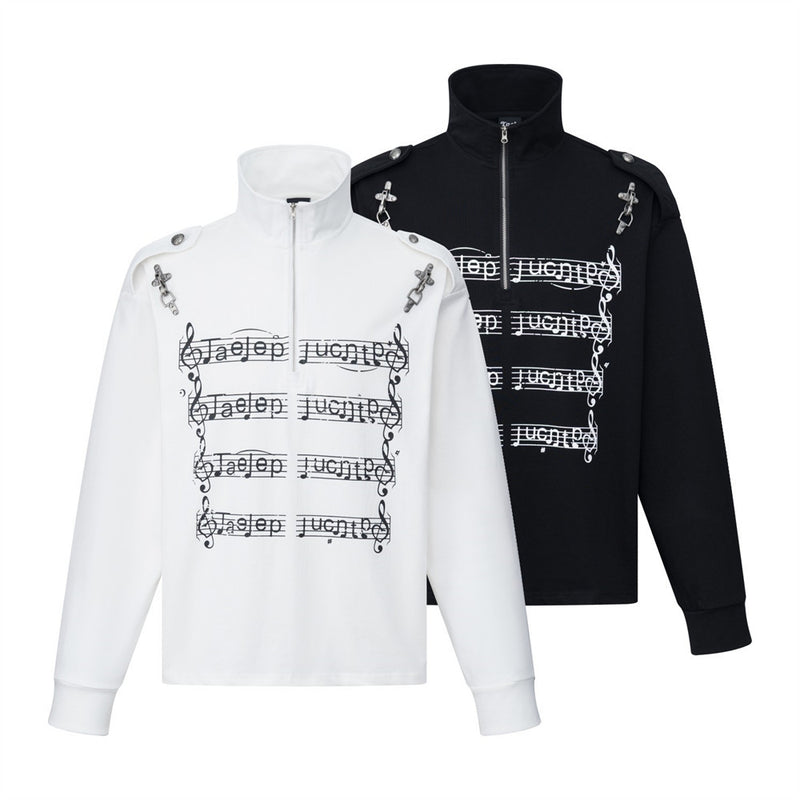 Men's Zip-Up Mock Neck Sweatshirt with Music Note Print — Oversized High-Street