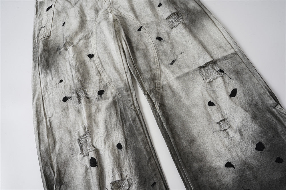 Distressed Wide-Leg Jeans | Grunge Punk Dirty-Wash Double Waistband Pants