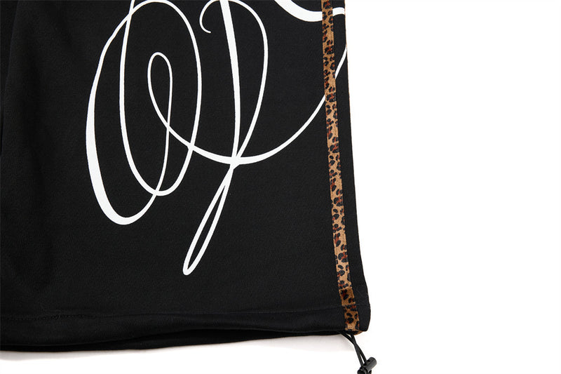 Dark Streetwear Wide-Leg Sweatpants with Leopard Side Tape & Script Print