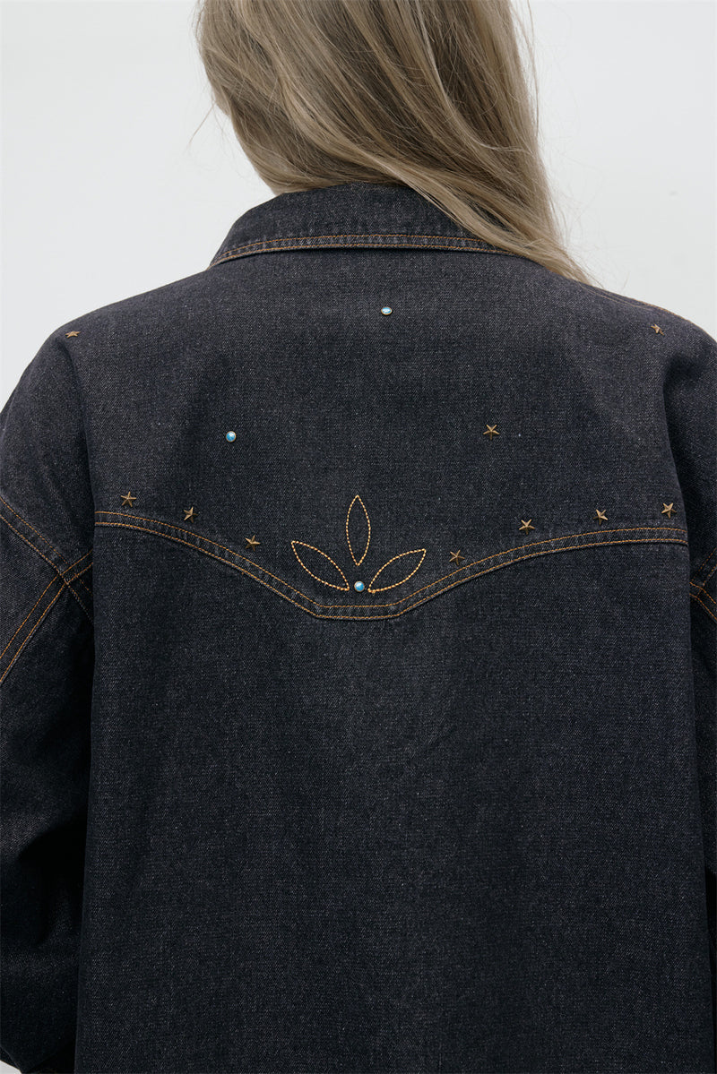 Black Denim Jacket with Embroidered Stitch Detail and Studded Accents