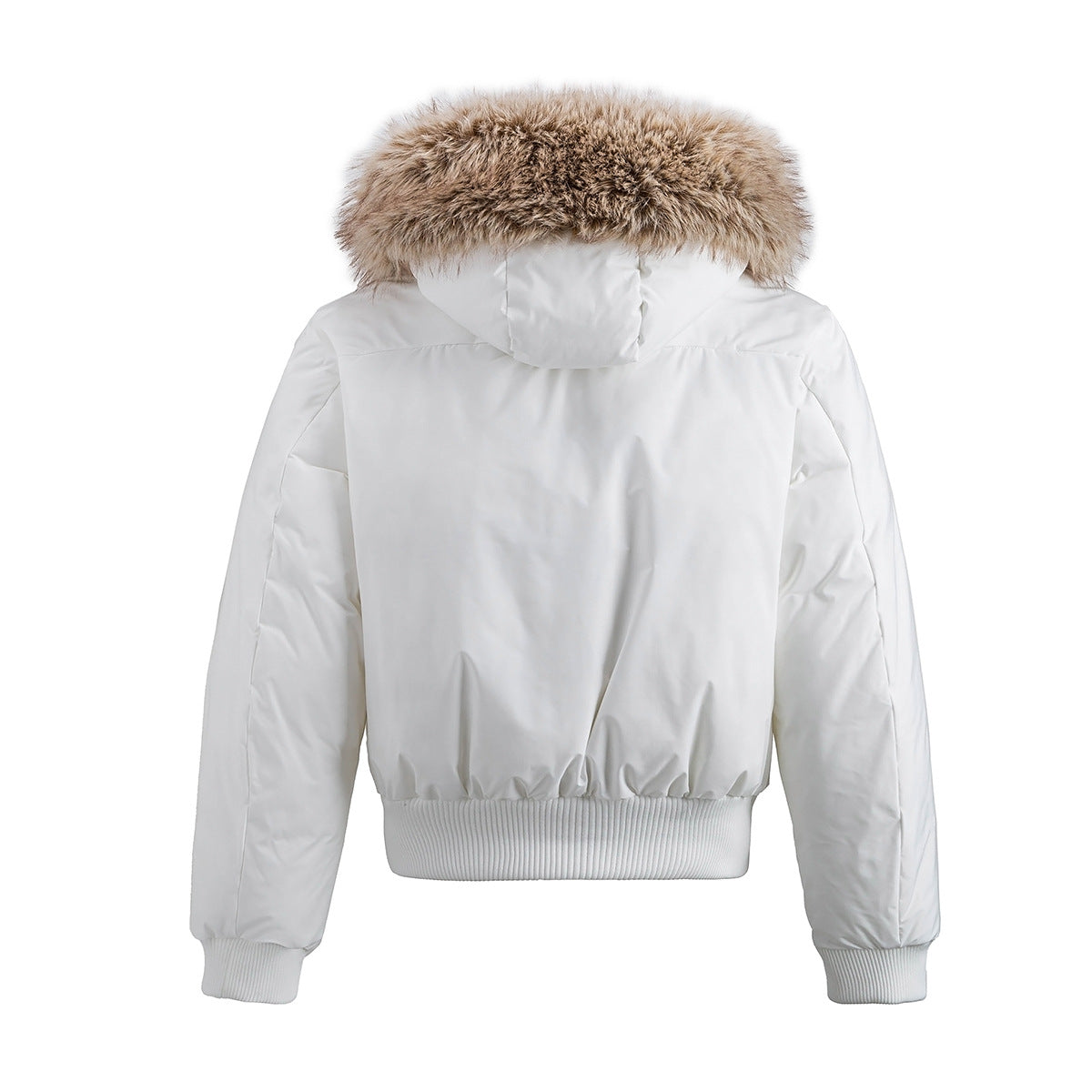 Fur-Trim Hooded Puffer Bomber Jacket – Cropped Padded Winter Coat