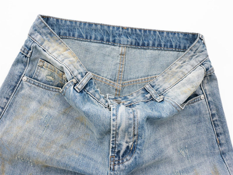 Ripped Wide-Leg Jeans – Men's Mud-Dye Distressed Straight Denim
