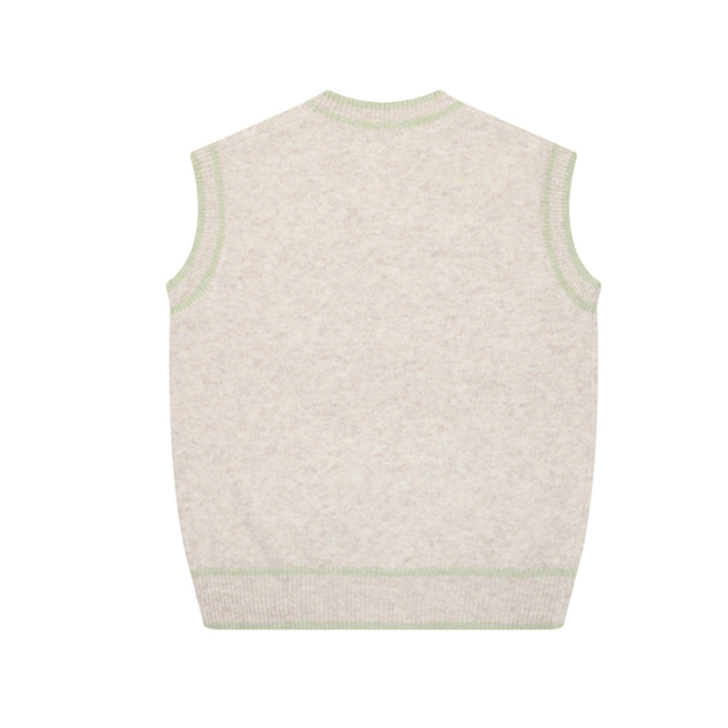 V-Neck Knit Sweater Vest with Cute Puppy Picnic Embroidery