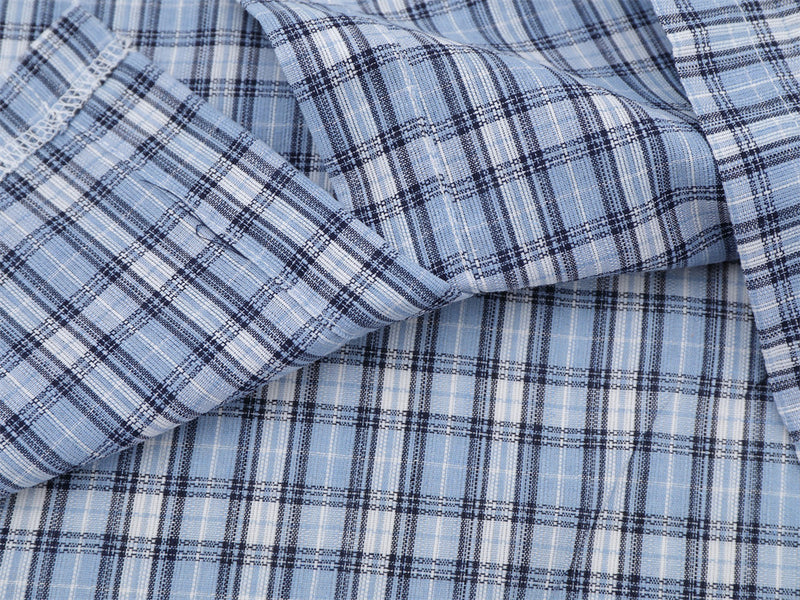 Plaid Long Sleeve Shirt with Colorblock Black Shoulder Panel and Crest
