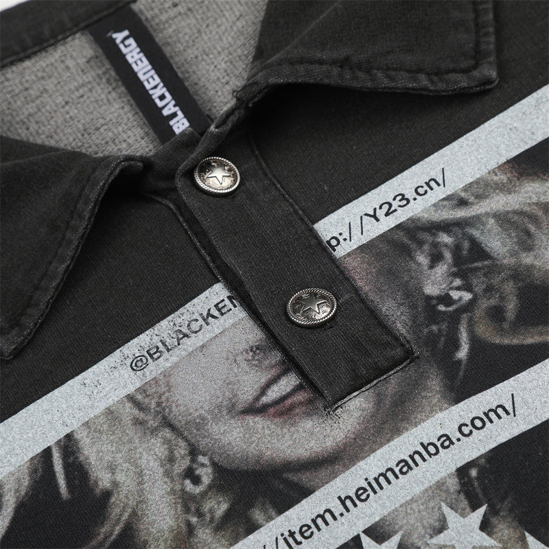 Close-up of shirt front showing collar, buttons, and printed graphic with text