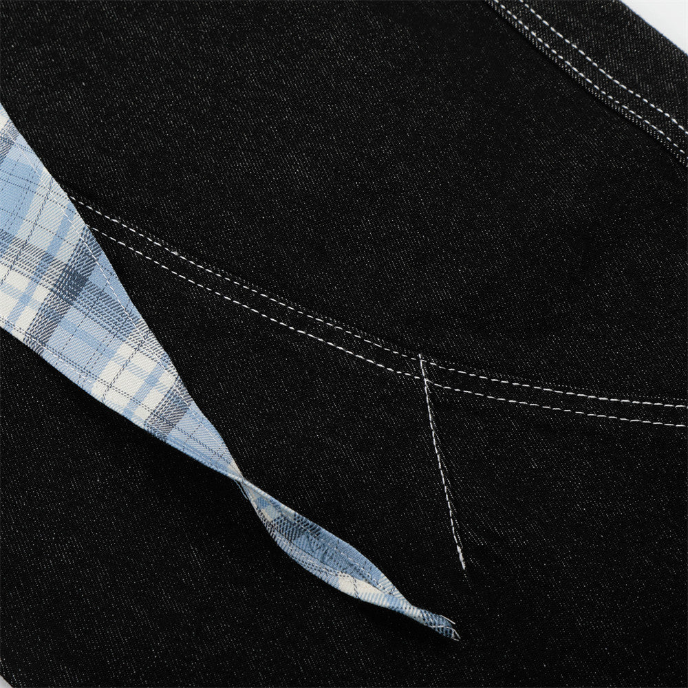 Wide Leg Black Jeans with Detachable Plaid Sash Belt