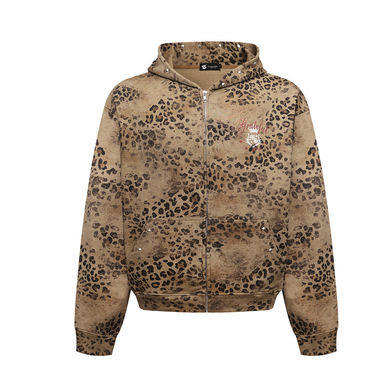 Leopard Print Zip-Up Hoodie – Vintage Distressed Rhinestone Studded Oversized