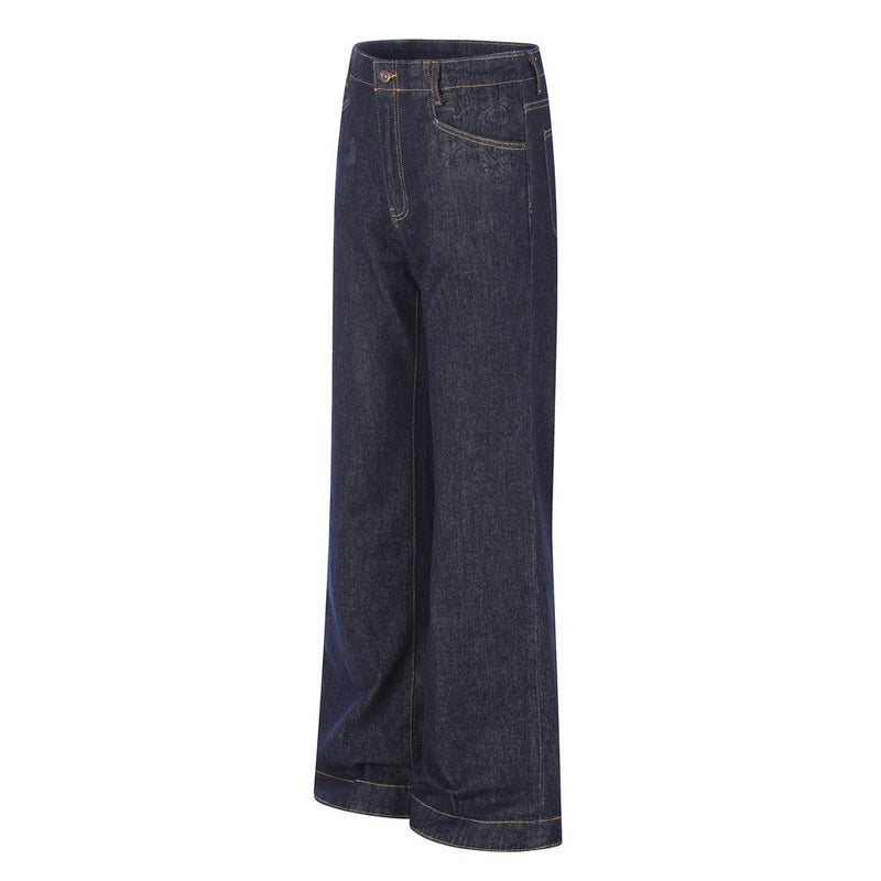 Wide-Leg Flare Jeans with Embossed Pocket Detail – Dark Indigo