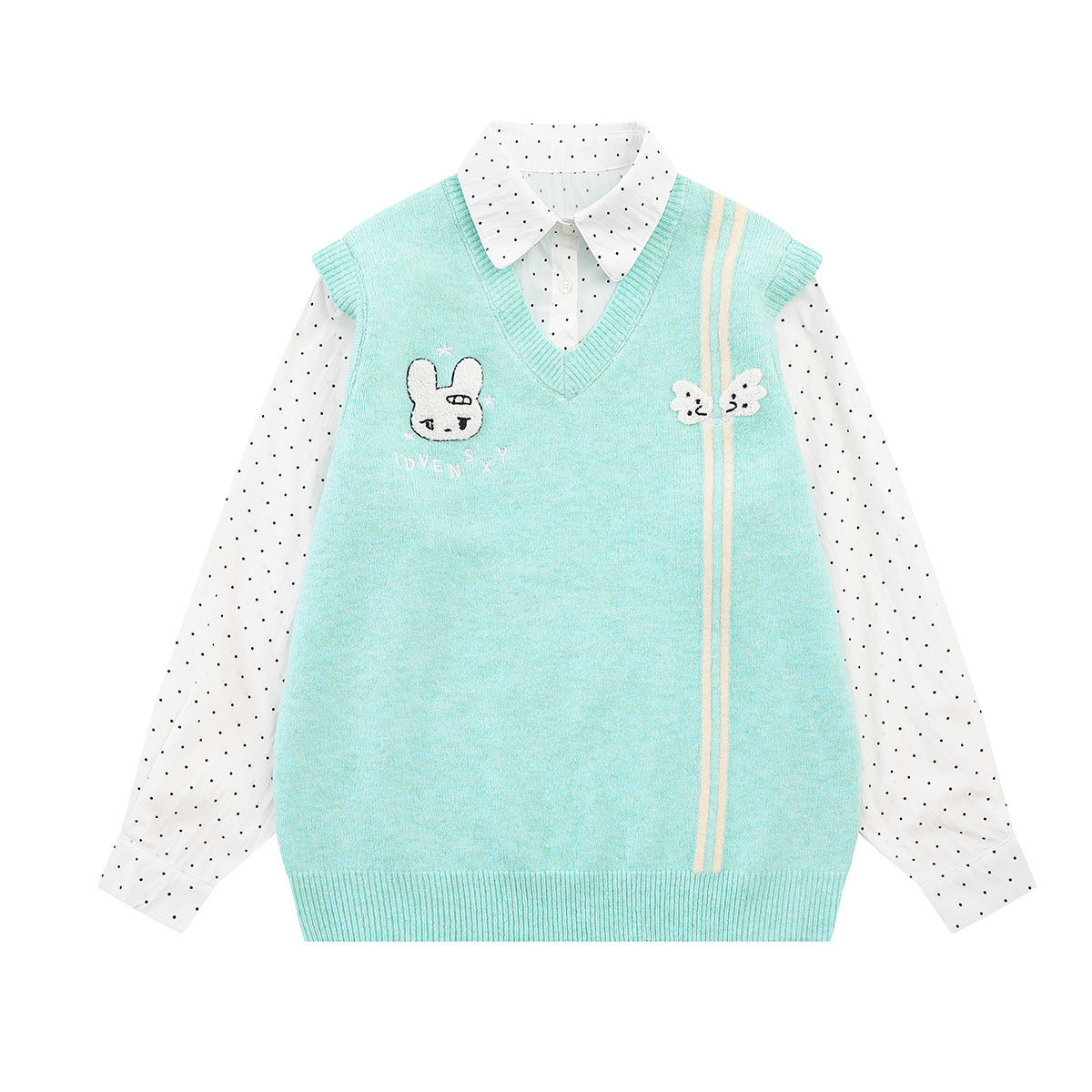 Sweater Faux Two-Piece Knit Vest with Polka Dot Shirt Collar & Bunny Embroidery