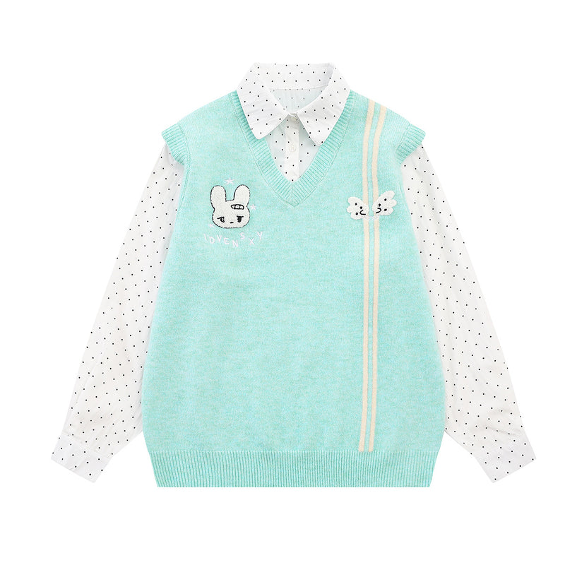 Sweater Faux Two-Piece Knit Vest with Polka Dot Shirt Collar & Bunny Embroidery