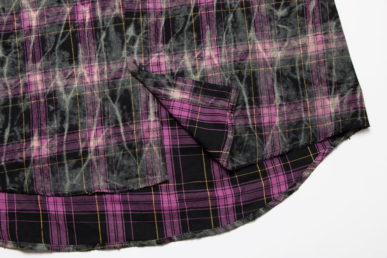 Collared Long Sleeve Shirt – Vintage Washed Distressed Plaid, Oversized Fit