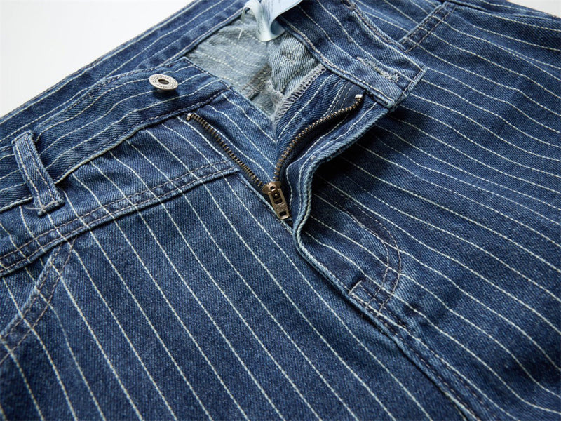 Men's Blue and White Striped Pants Wide-Leg Jeans with Rivet Side Detail