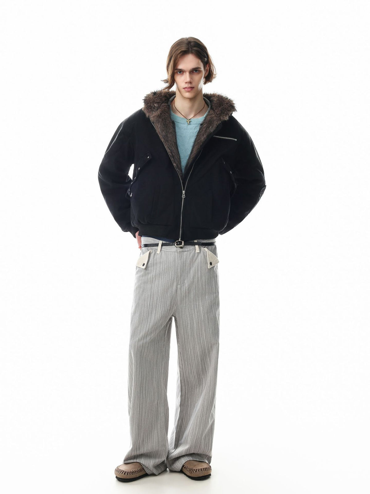 Fur-Trim Hooded Bomber Jacket – Padded Black Flight Jacket with Faux Fur Hood