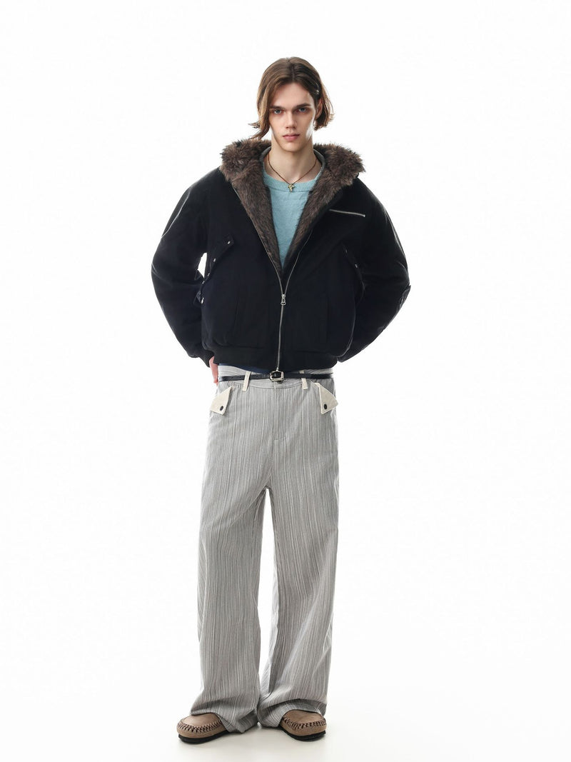 Fur-Trim Hooded Bomber Jacket – Padded Black Flight Jacket with Faux Fur Hood