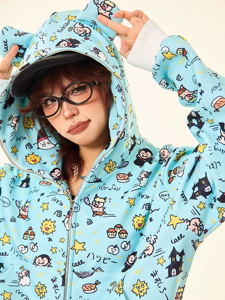 Kawaii Cartoon Bear Hoodie – Cute Full-Zip Hoodie with Adorable Ears &amp; Fun Cartoon Print