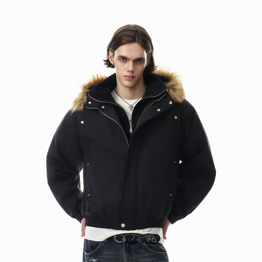 Oversized-Pufferjacke für Herren in Schwarz mit Kunstfellbesatz und Kapuze im Fake-Zweiteiler-Look, Vorderansicht