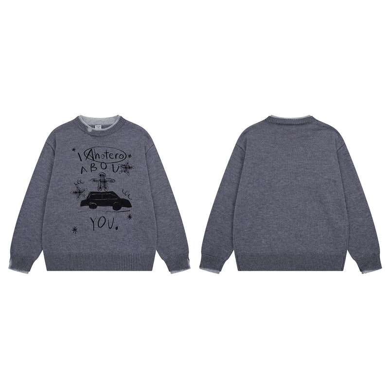 Crew Neck Graphic Knit Sweater – Retro American Campus Style