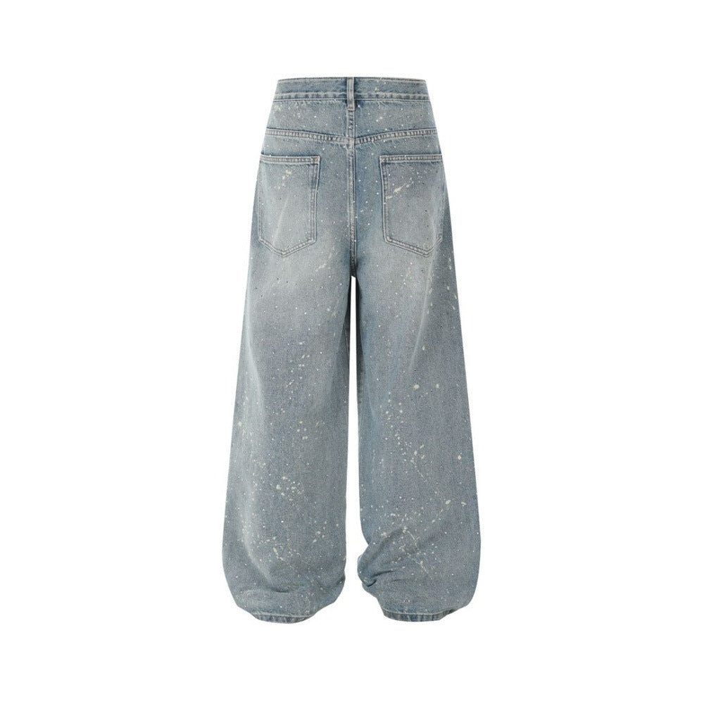 Wide-Leg Paint Splatter Jeans – Men's High-Street Light Blue Washed Denim