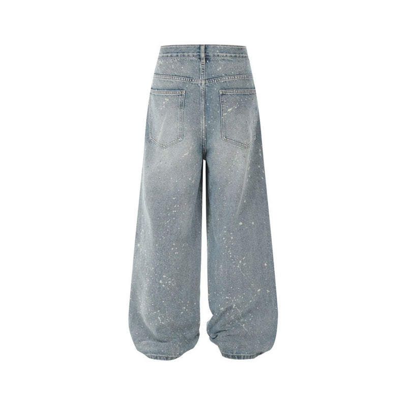 Wide-Leg Paint Splatter Jeans – Men's High-Street Light Blue Washed Denim