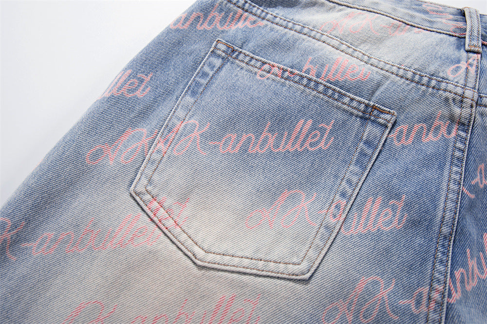 Wide-Leg Jeans with Allover Pink Script Print – Light Blue Washed Denim
