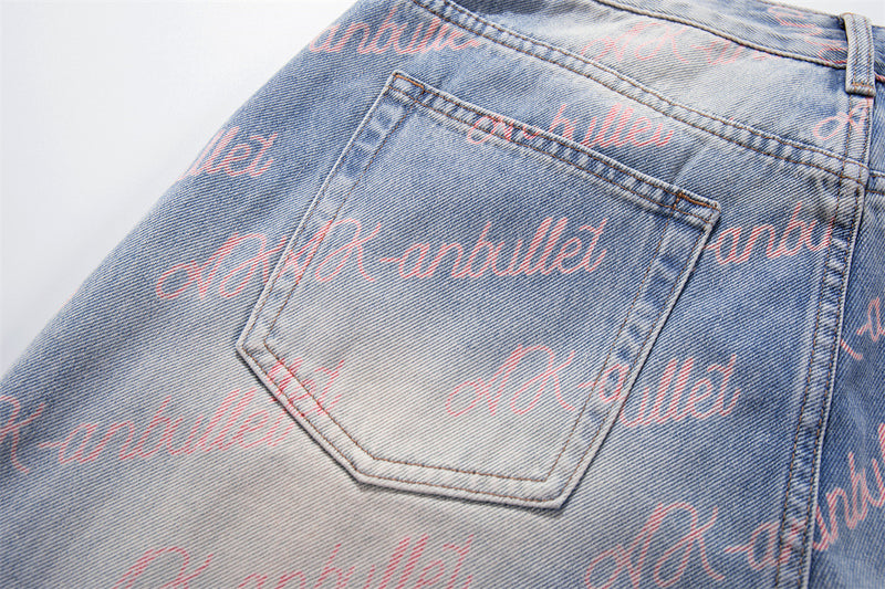 Wide-Leg Jeans with Allover Pink Script Print – Light Blue Washed Denim