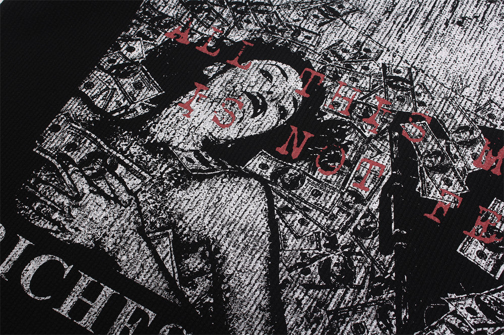 Black Graphic Long Sleeve Tee with Studded Red Collar – Vintage American Print