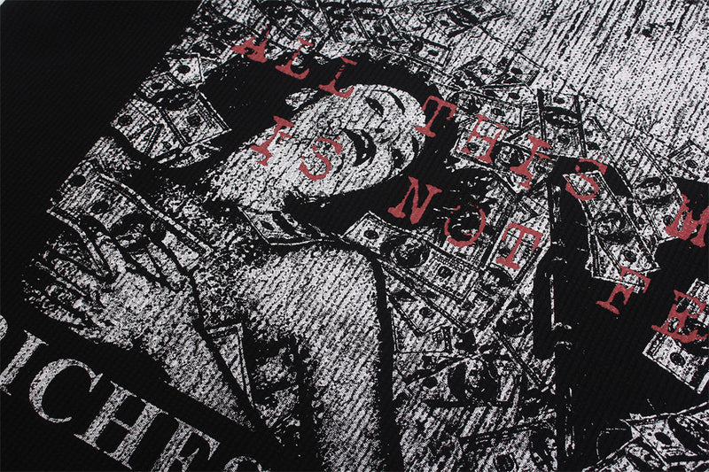 Black Graphic Long Sleeve Tee with Studded Red Collar – Vintage American Print