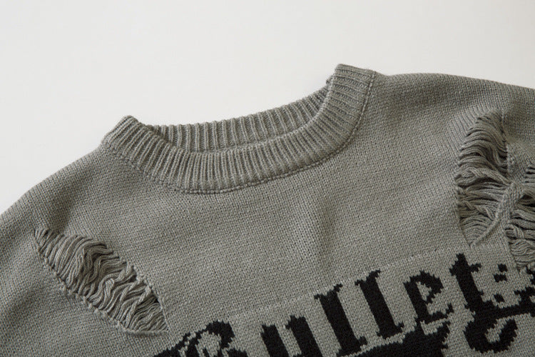 Distressed Knit Sweater with Face Graphic Print and Fringe Holes – American