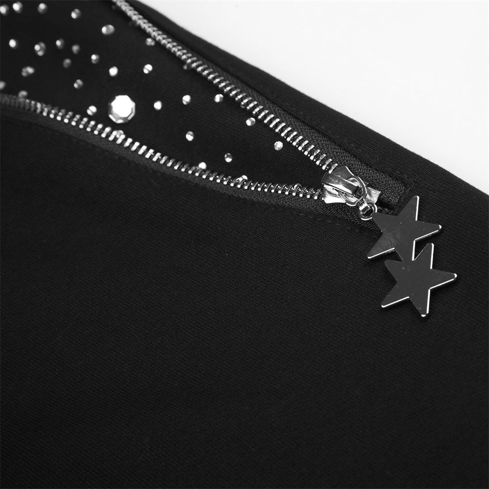 Sweat à capuche zippé avec détail de fermeture étoilée en strass — Noir oversize