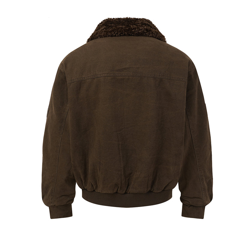 Retro Washed Cotton Bomber Jacket with Sherpa Collar