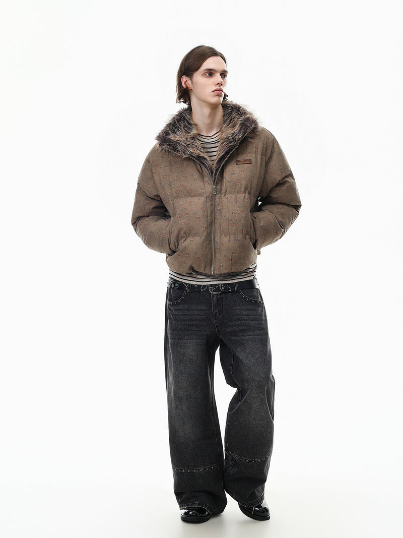 Floral Print Puffer Jacket with Faux Fur Collar – Cropped Fit Men's Winter Coat