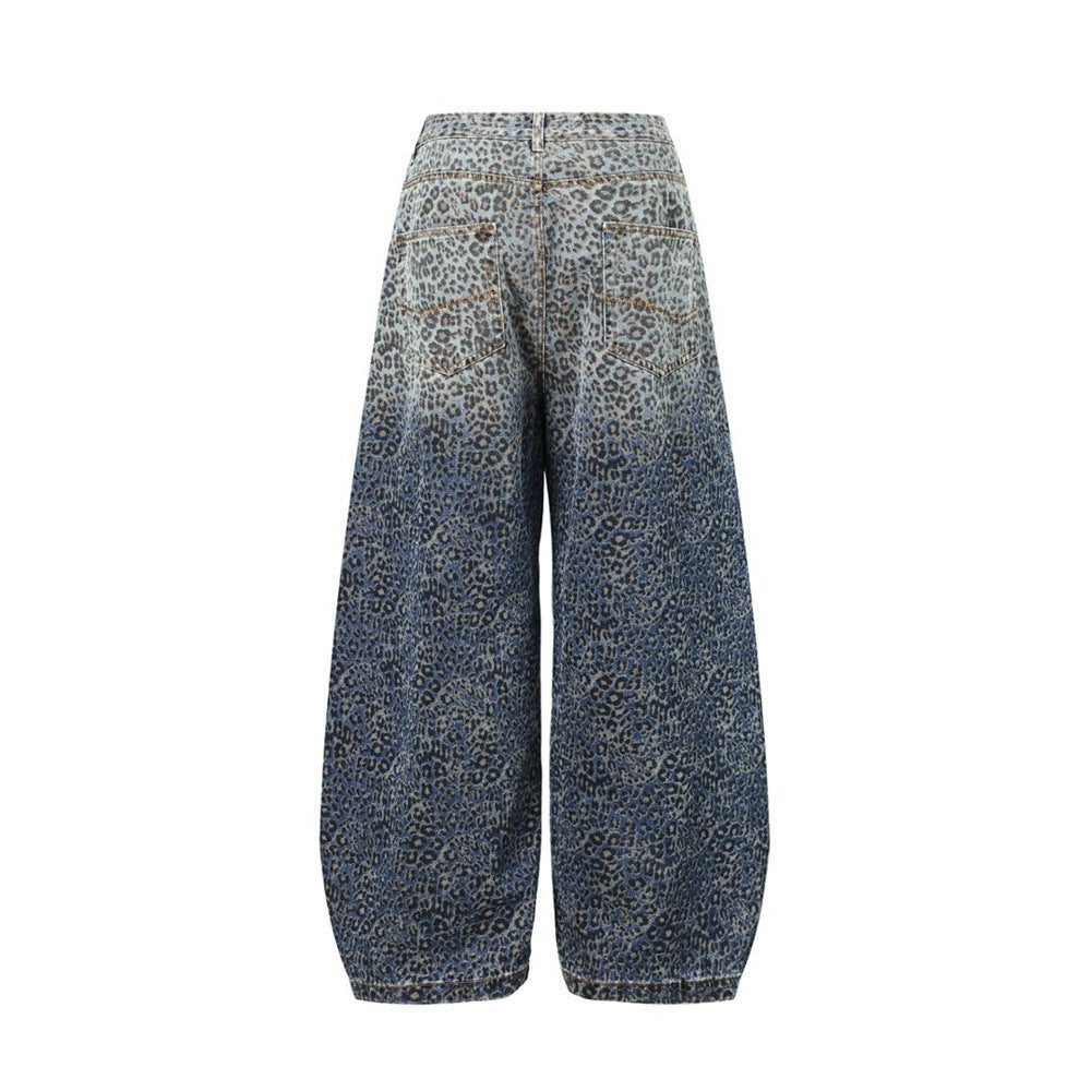 Leopard Print Wide-Leg Baggy Jeans – Oversized Curved Denim Pants