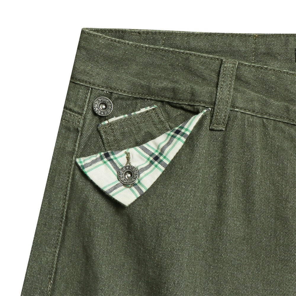 Wide-Leg Relaxed Straight Jeans – Olivgrün mit kariert gefütterten Taschen