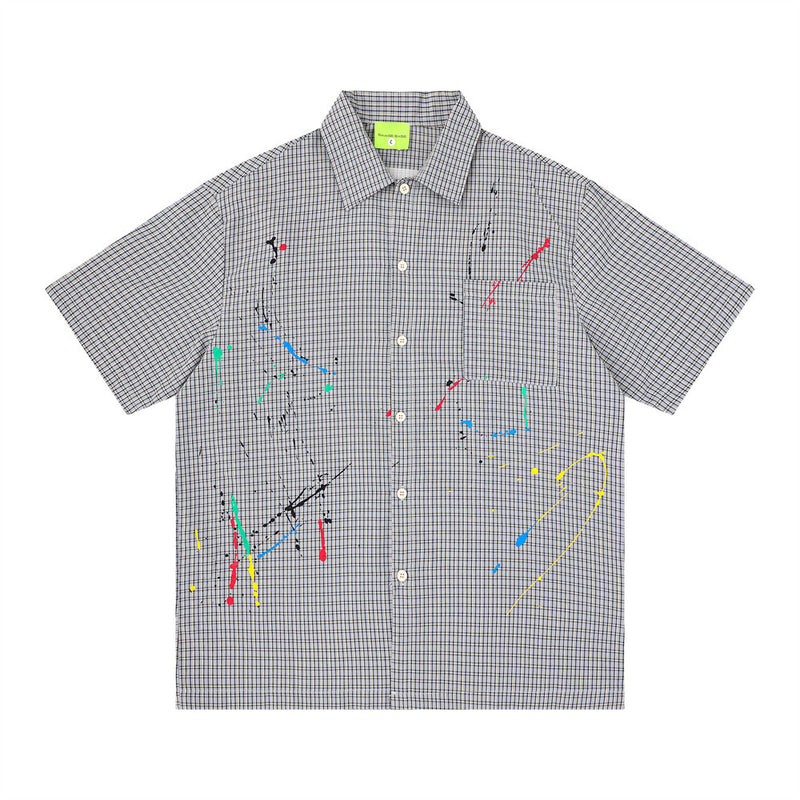 Paint Splash Embroidery Plaid Short Sleeve Shirt – Oversized Fit